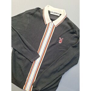 Playboy Mens Small Full Zip Black Ribbed Sweater Knit Pacsun 70's Style Logo